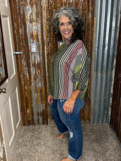 Entro Olive Stripe & Polka Dot Top