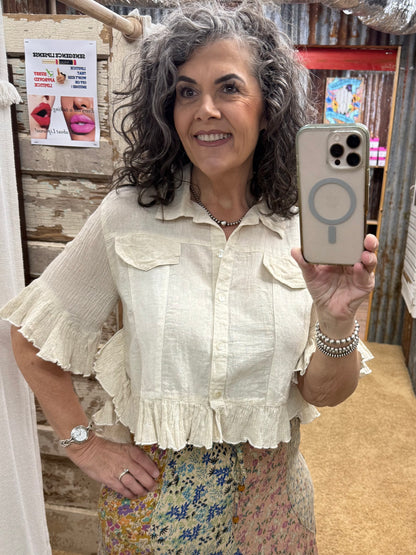Crop Latte Top/Jacket With Ruffled Hem