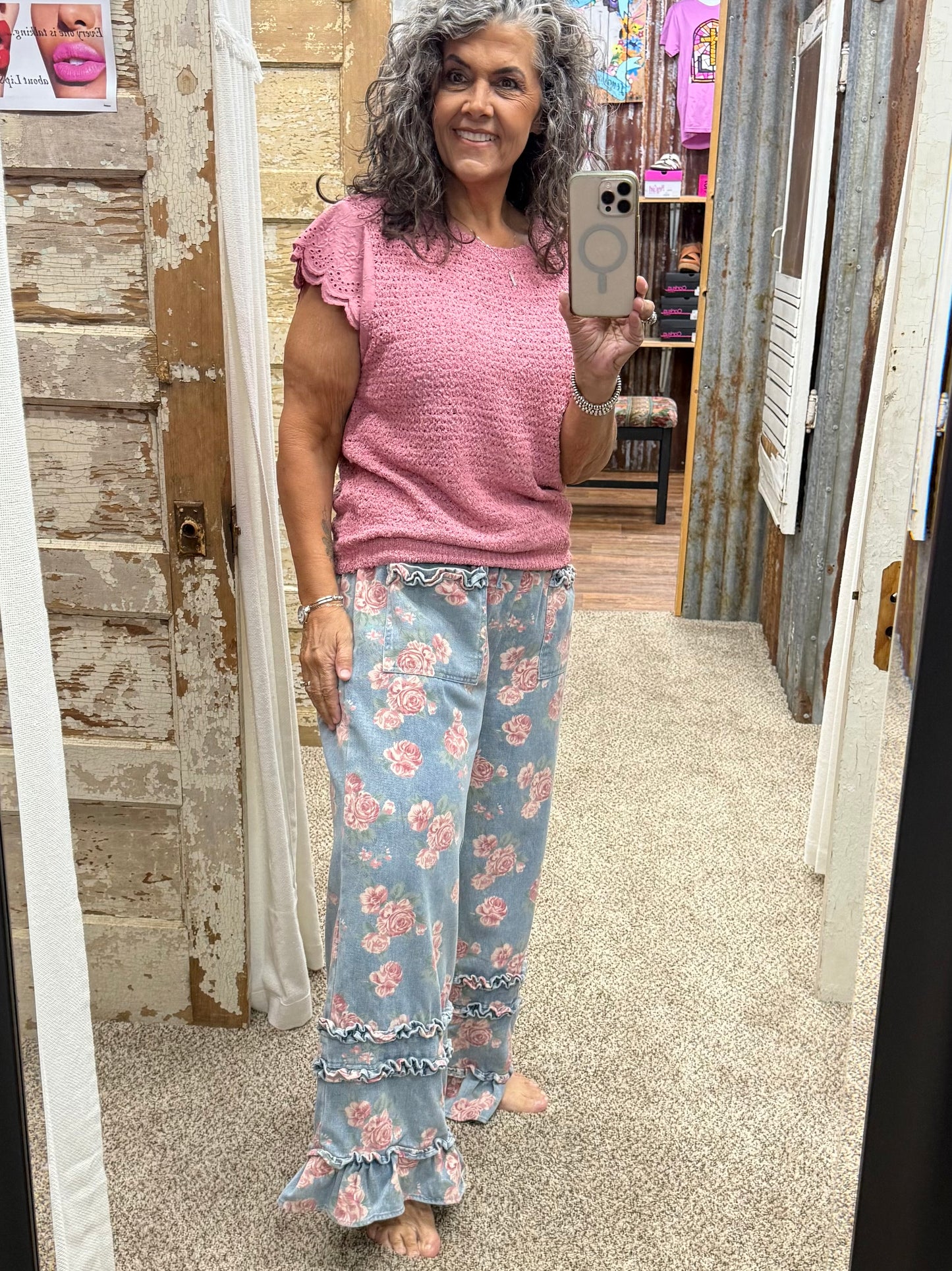 WASHED FLORAL DENIM WITH RUFFLE ELASTIC WIDE PANTS