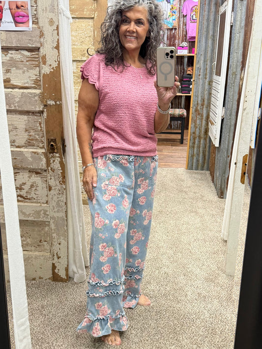 WASHED FLORAL DENIM WITH RUFFLE ELASTIC WIDE PANTS