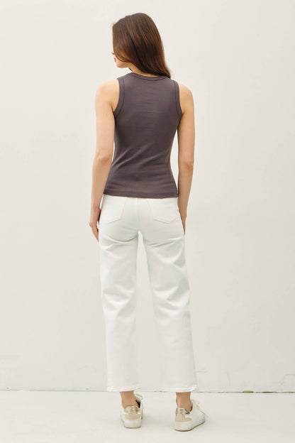 CHARCOAL BASIC COTTON GARMENT DYED ROUND NECK TANK