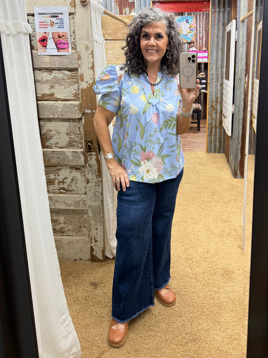 UMGEE Peri Blue Floral Puff Sleeve Top