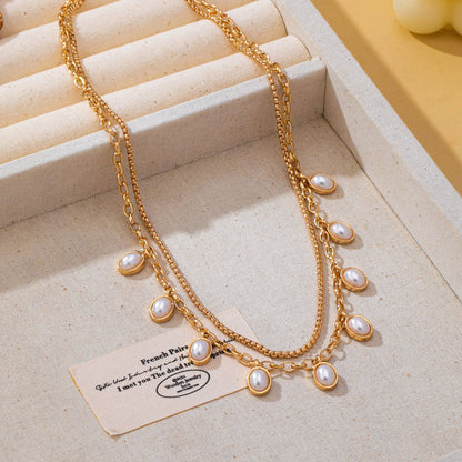 Layered Gold Chain Pearl Charm Necklace | 80N93660: GOLD