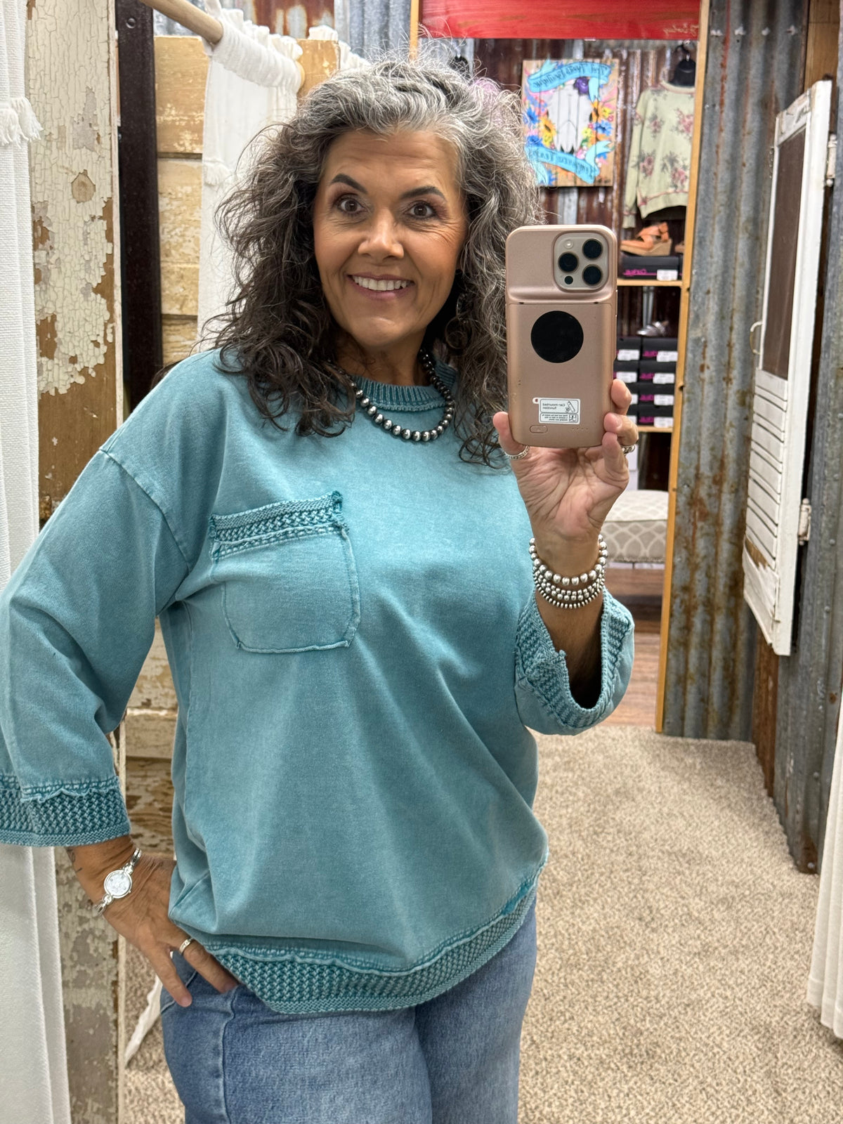 EASEL TEAL MINERAL WASHED BOXY PULLOVER