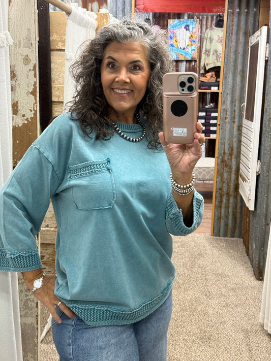 EASEL TEAL MINERAL WASHED BOXY PULLOVER