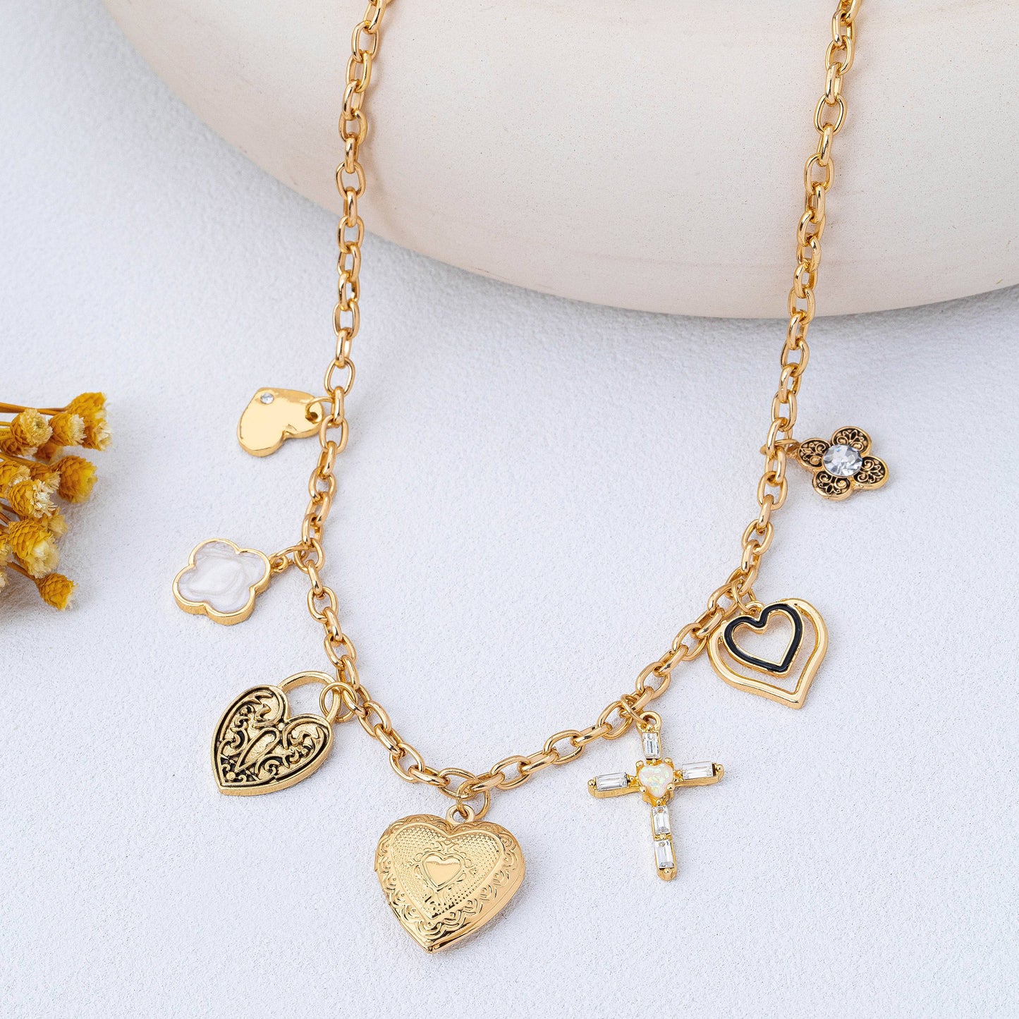 Antique Heart Locket & Cross Multi-Charm Necklace | 80N93116: Gold