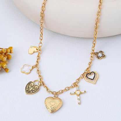 Antique Heart Locket & Cross Multi-Charm Necklace | 80N93116: Gold