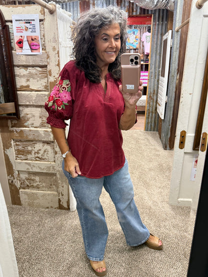 UMGEE Berry Embroidered Sleeve Corduroy Blouse