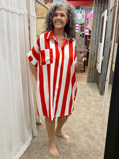 Vertical Stripe Short Sleeve Button-up Shirt Dress : TOMATO WHITE