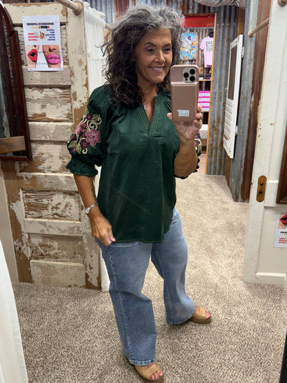 UMGEE Grass Embroidered Sleeve Corduroy Blouse