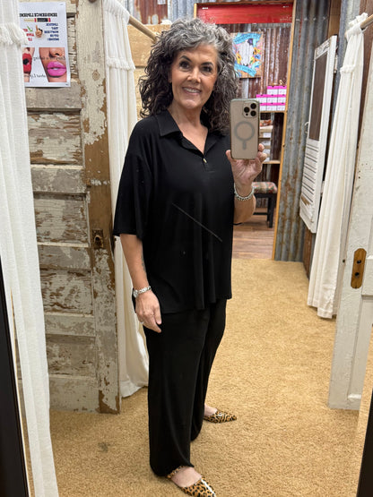 2-Piece Blouse + Relaxed Pants Resort Wear Black Set