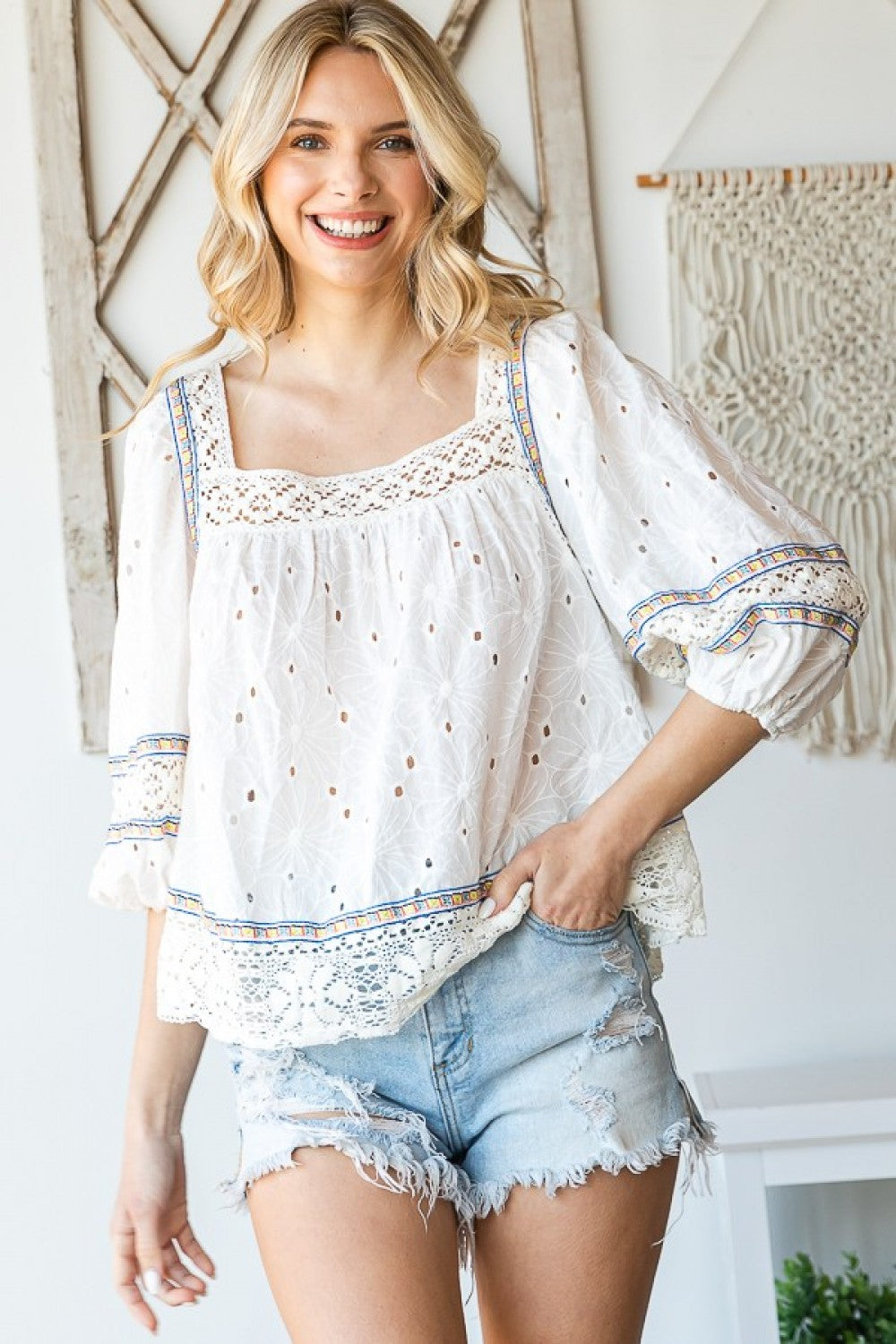 WHITE WASHED EYELET LACED BABYDOLL TOP