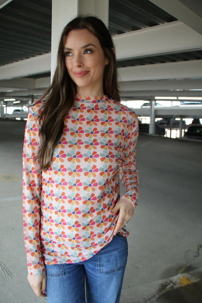 Floral Pattern Long Sleeve Mesh Top