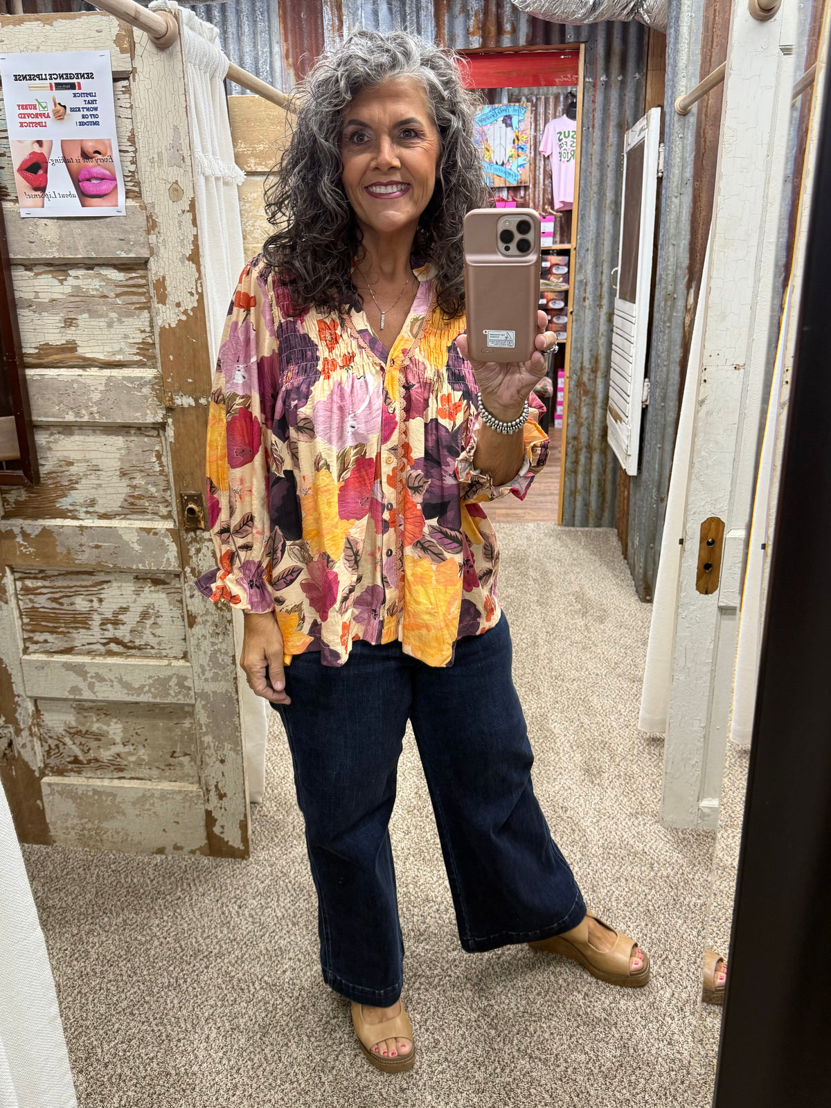 UMGEE Ecru Mix Floral Print Button Front Blouse