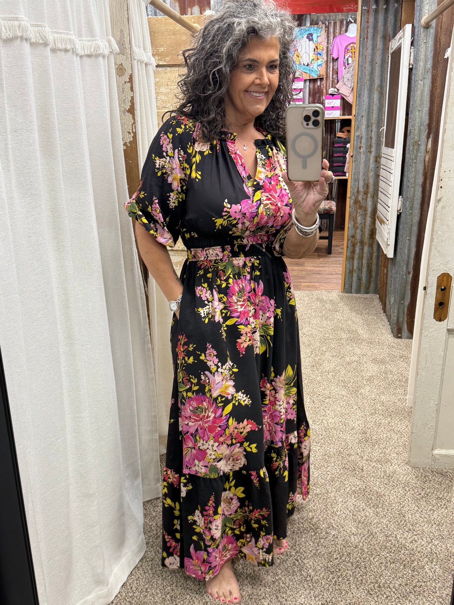 Black Floral Print Midi Dress