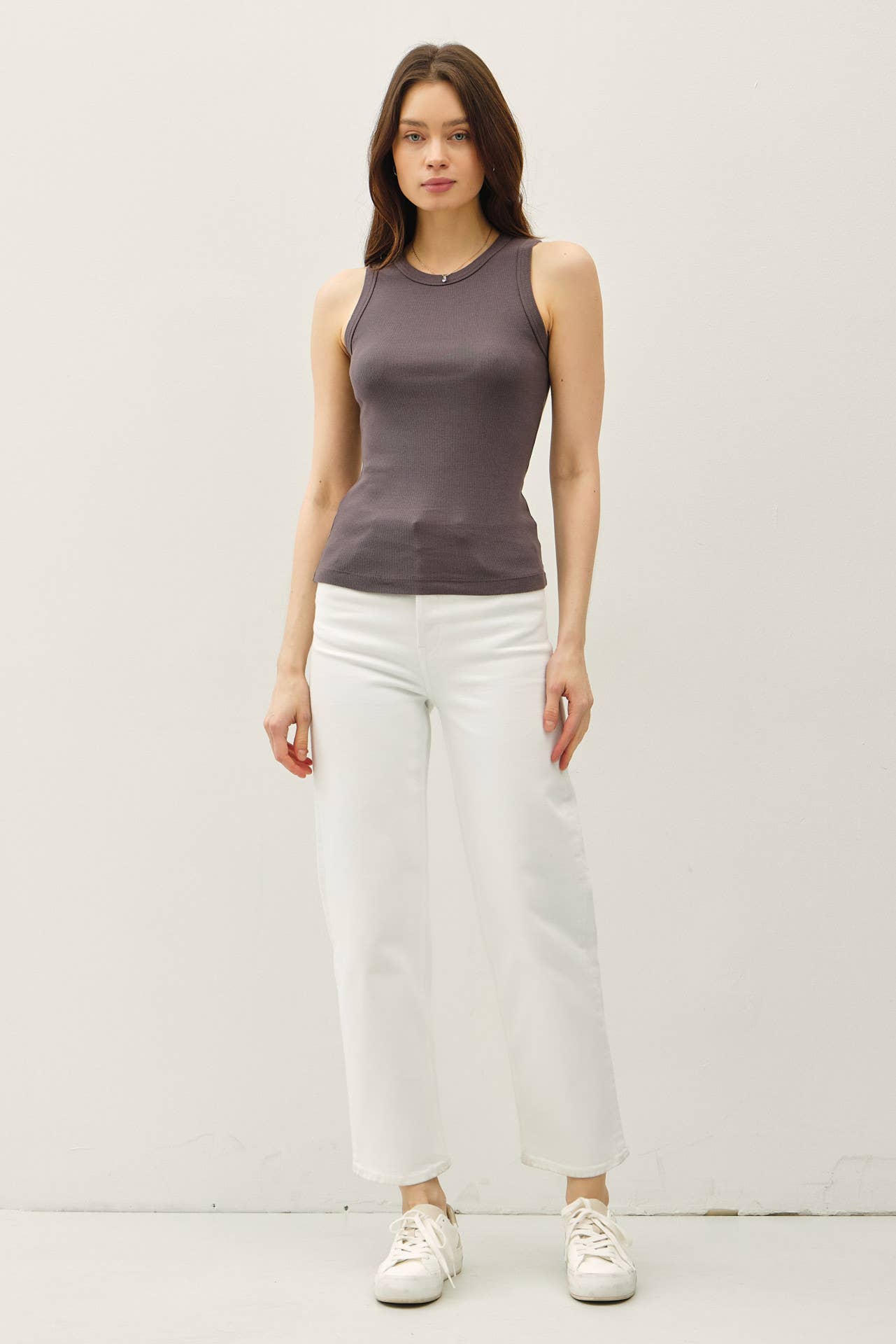 CHARCOAL BASIC COTTON GARMENT DYED ROUND NECK TANK
