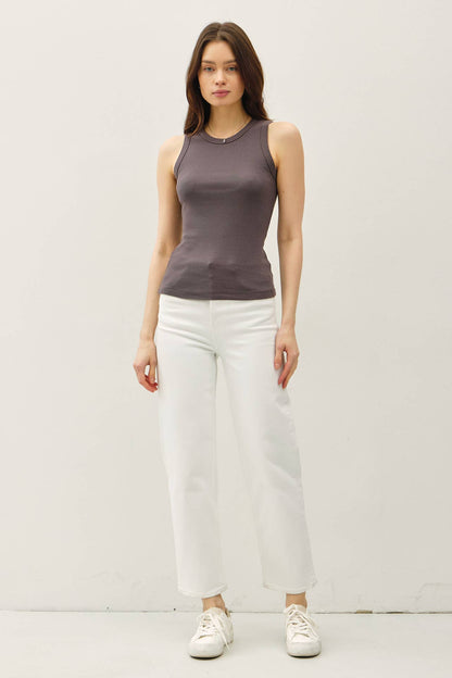 CHARCOAL BASIC COTTON GARMENT DYED ROUND NECK TANK