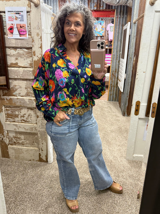 UMGEE Navy Floral Print Surplice Long Sleeve Blouse