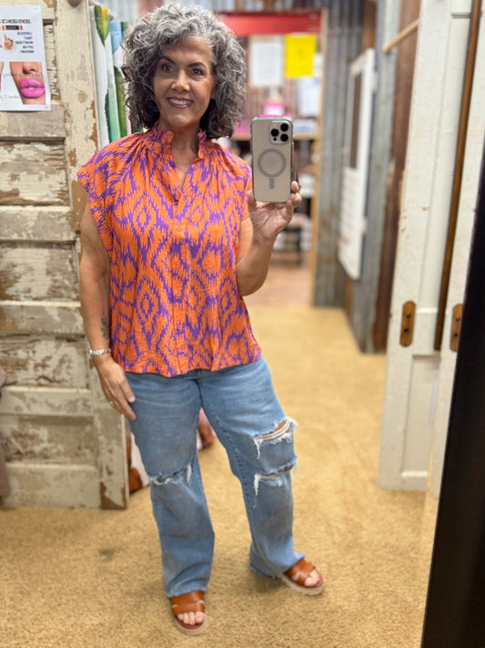 Orange Mix Button-Up Top