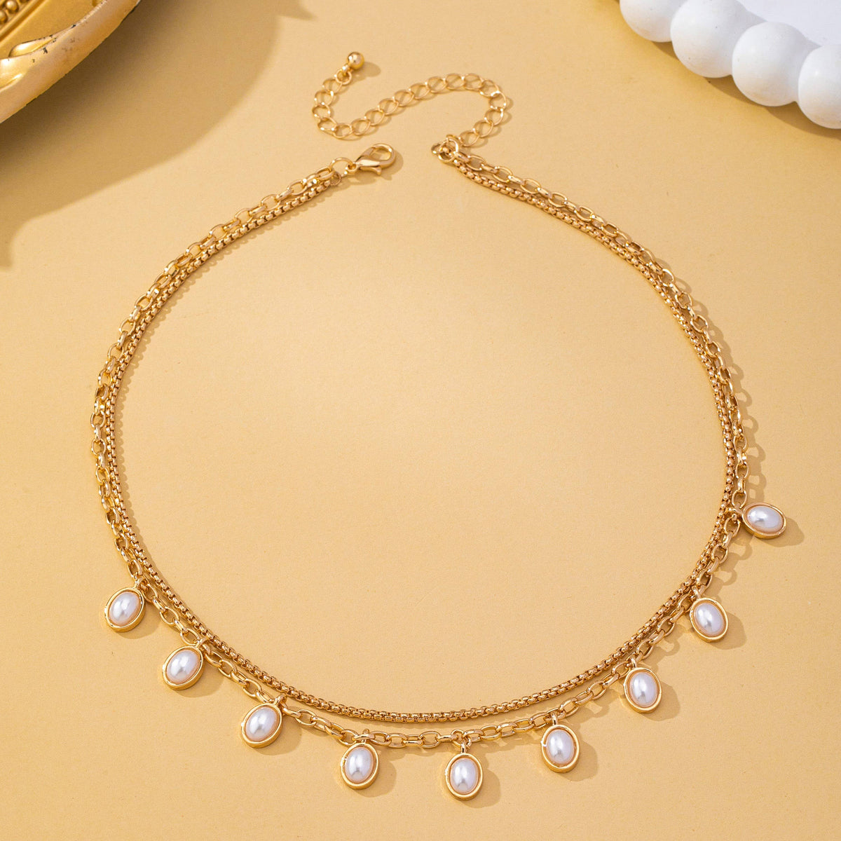 Layered Gold Chain Pearl Charm Necklace | 80N93660: GOLD