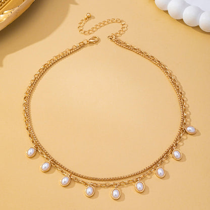 Layered Gold Chain Pearl Charm Necklace | 80N93660: GOLD