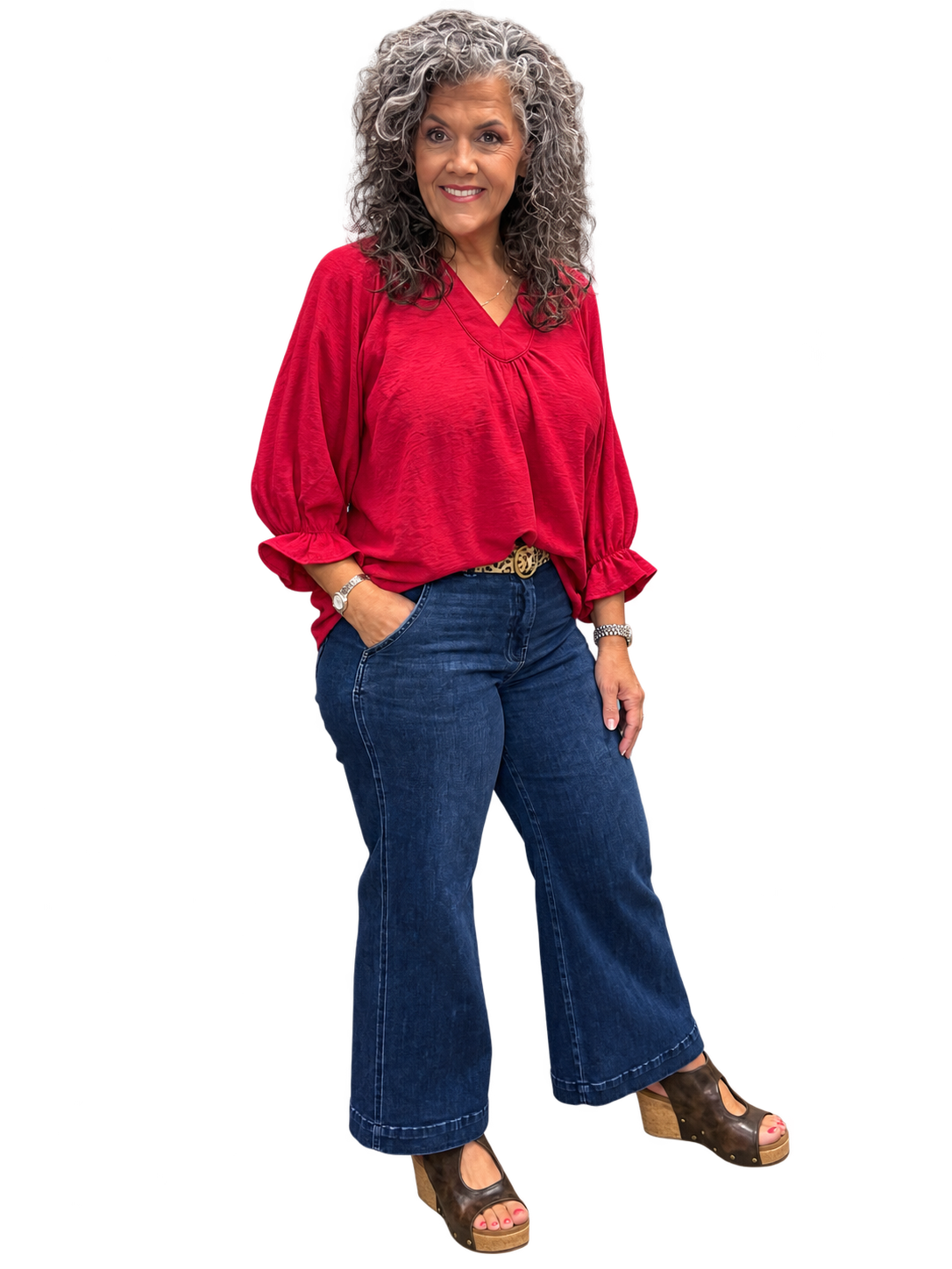 UMGEE Crimson Collared Split V Neck Top