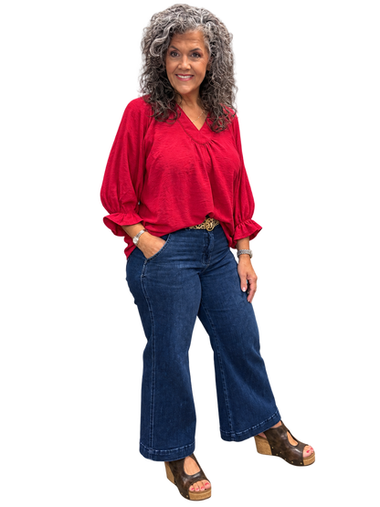 UMGEE Crimson Collared Split V Neck Top