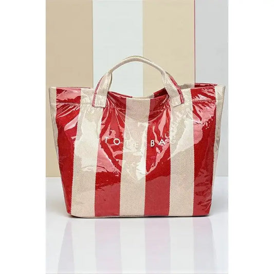 Red and Beige Striped Tote Bag