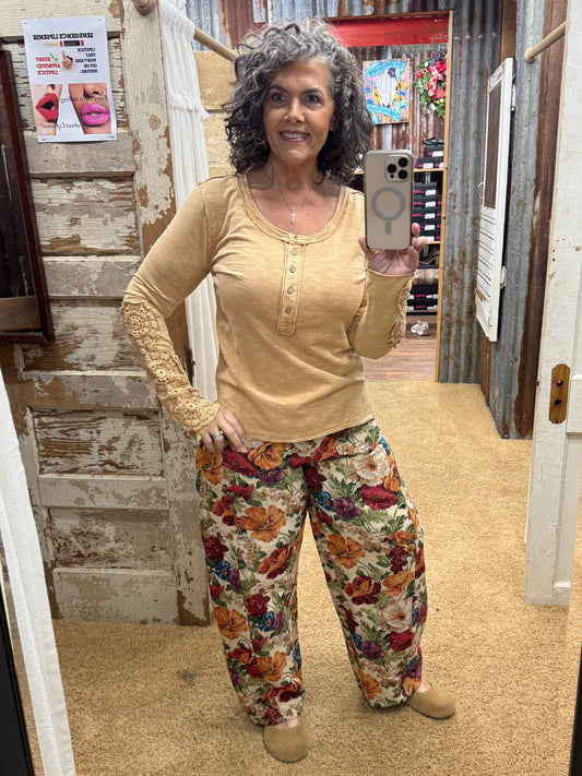 CAMEL CROCHET LACE DETAILING WASHED COTTON SLUB TOP