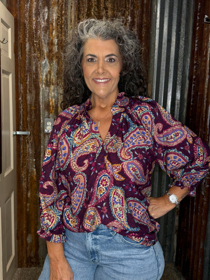 UMGEE Plum Paisley Print Tie Neck Blouse