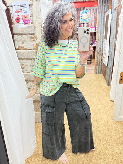 Striped Oversized Short Sleeve Knit Top: MINT COMBO