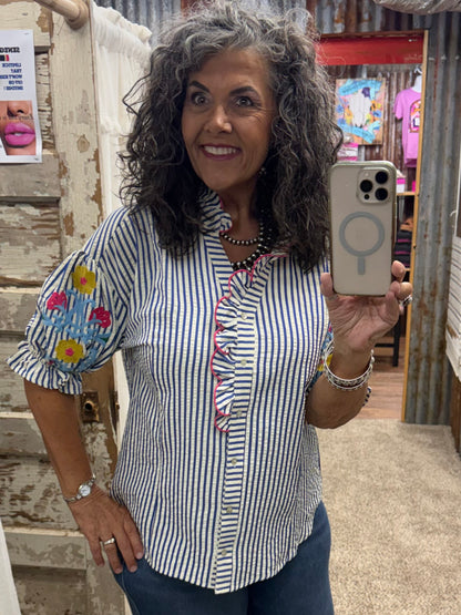 UMGEE Blue Embroidered Ruffle Trim Stripe Blouse