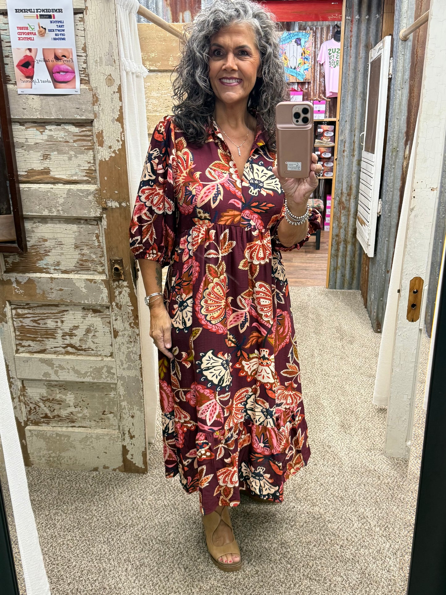 UMGEE Burgundy Boho Paisley Tiered Midi Dress