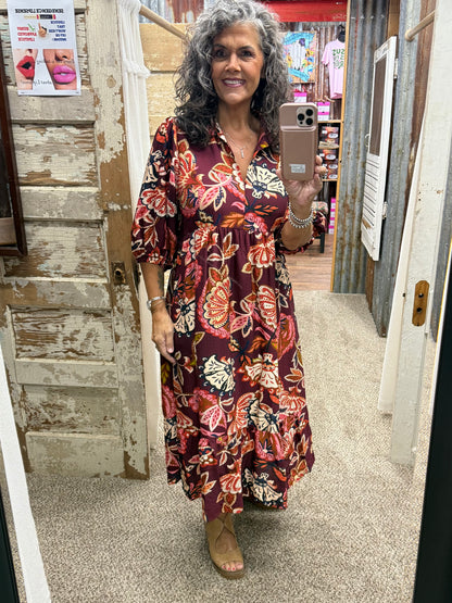 UMGEE Burgundy Boho Paisley Tiered Midi Dress