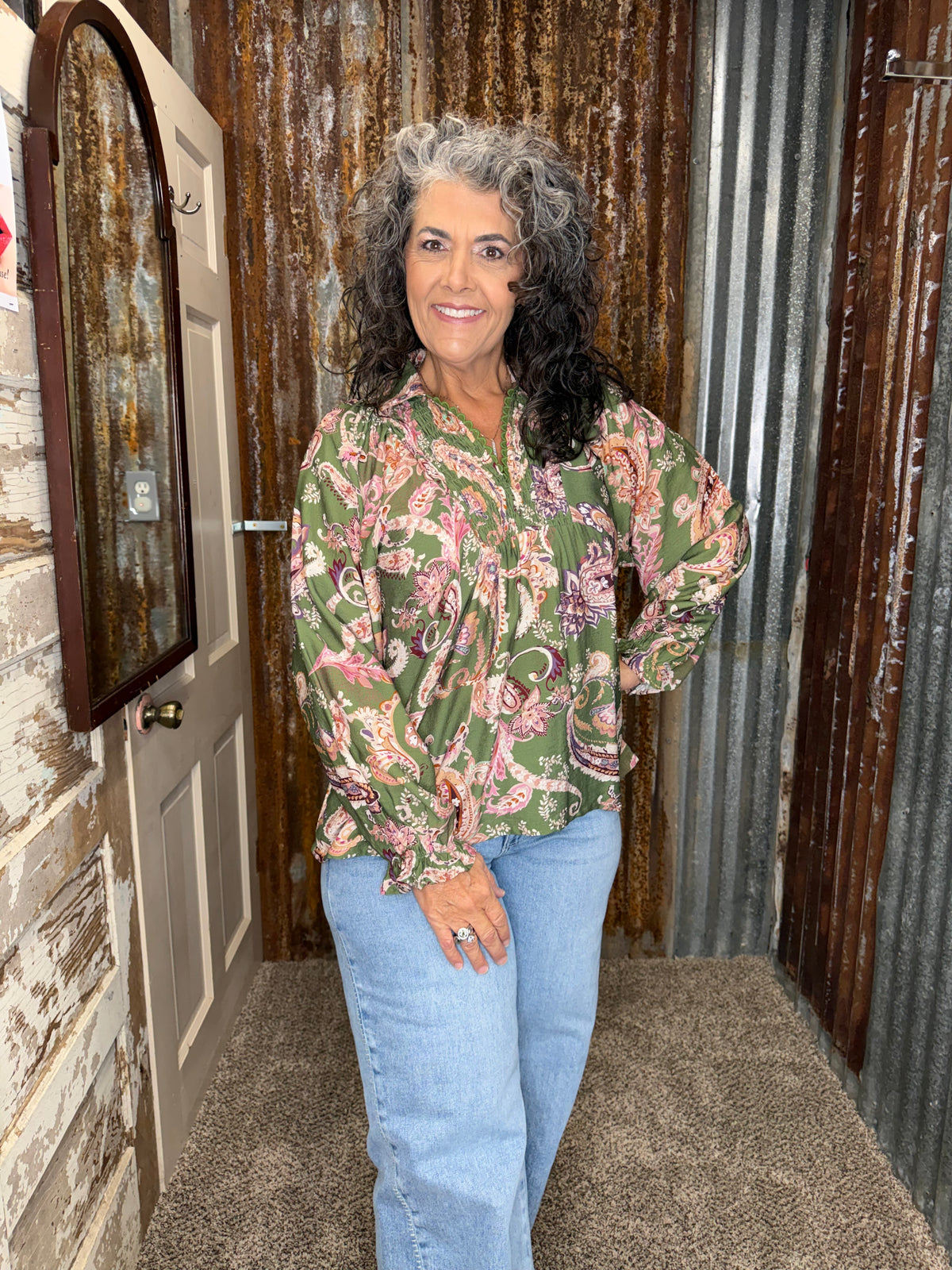 UMGEE Olive Paisley Smocked Collared V-Neck Blouse