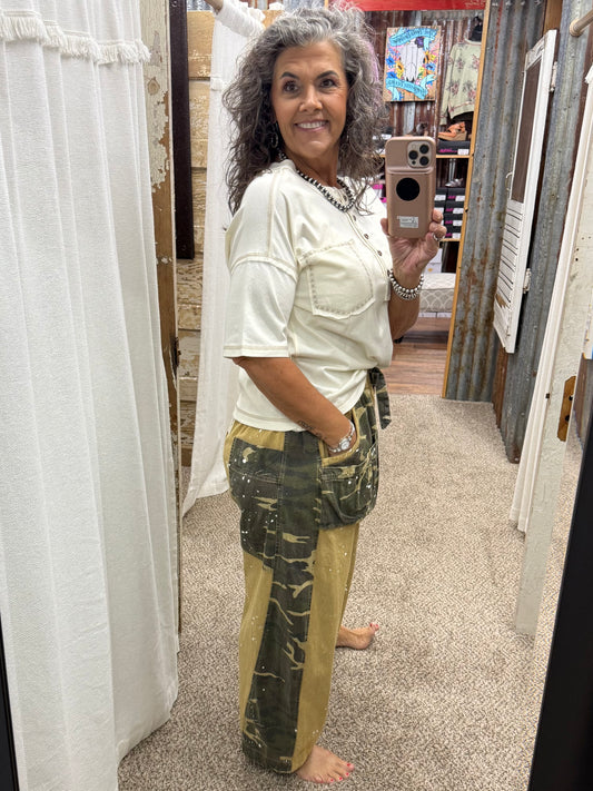BlueVelvet CAMO PATCHWORK PAINT SPLATTER PANTS