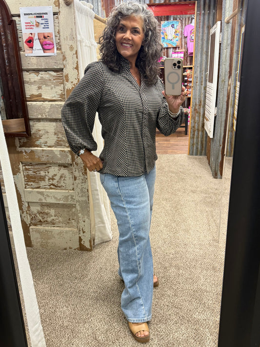 UMGEE Charcoal Grey Plaid Long Sleeve Button Front Shirt