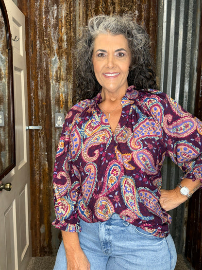 UMGEE Plum Paisley Print Tie Neck Blouse