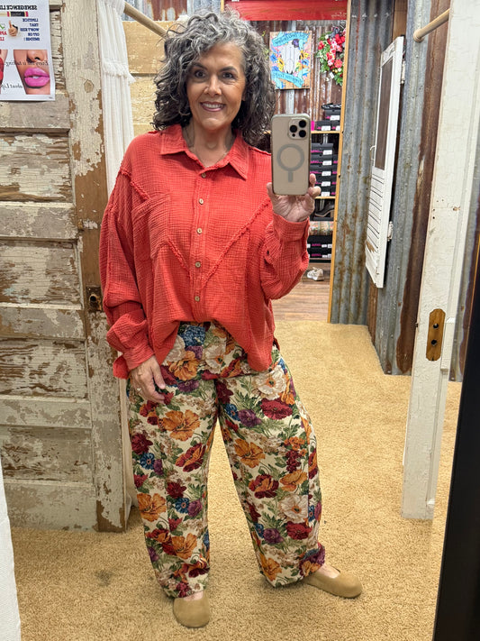 EMBER GLOW WASHED BUTTON DOWN COTTON GAUZE TUNIC