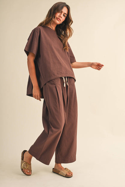 BROWN RELAXED FIT TOP AND WIDE LEG CROPPED PANTS SET