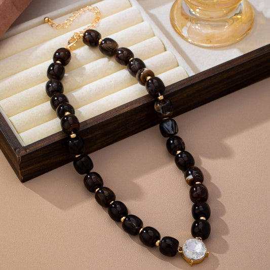 Resin Bead Round Crystal Pendant Necklace | 80N93729: BROWN