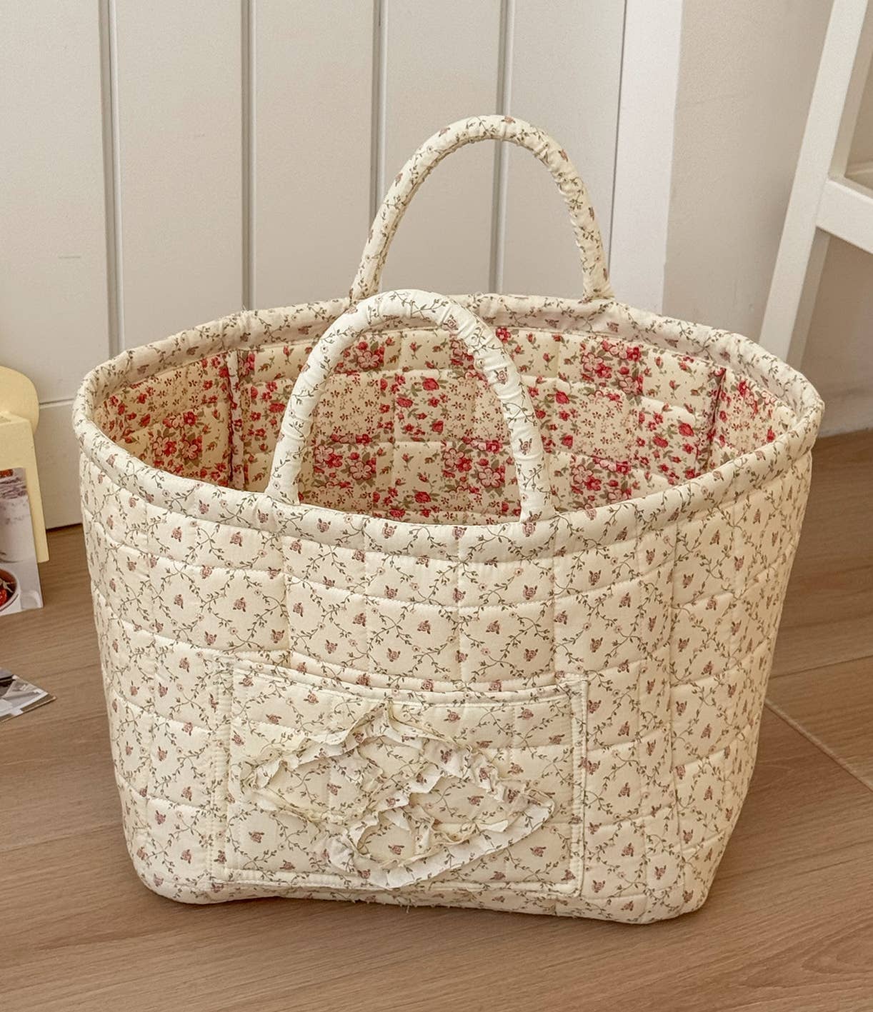 Blue Quilted Floral Laundry Basket Boho Storage Basket