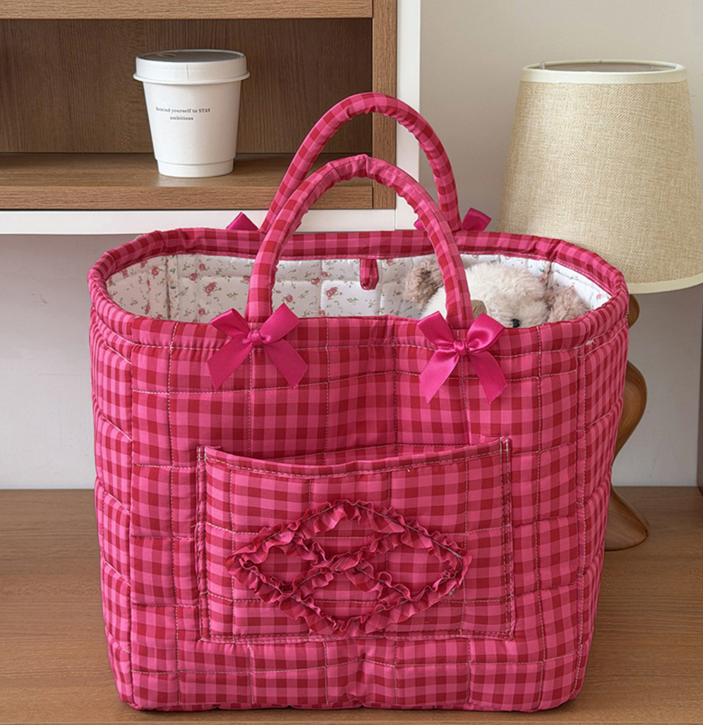Rose Red Gingham Laundry Basket Foldable Quilted Storage Basket