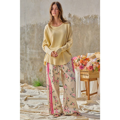FLOWER PRINTED TWILL SIDE TRIM ELASTIC WAIST PANTS