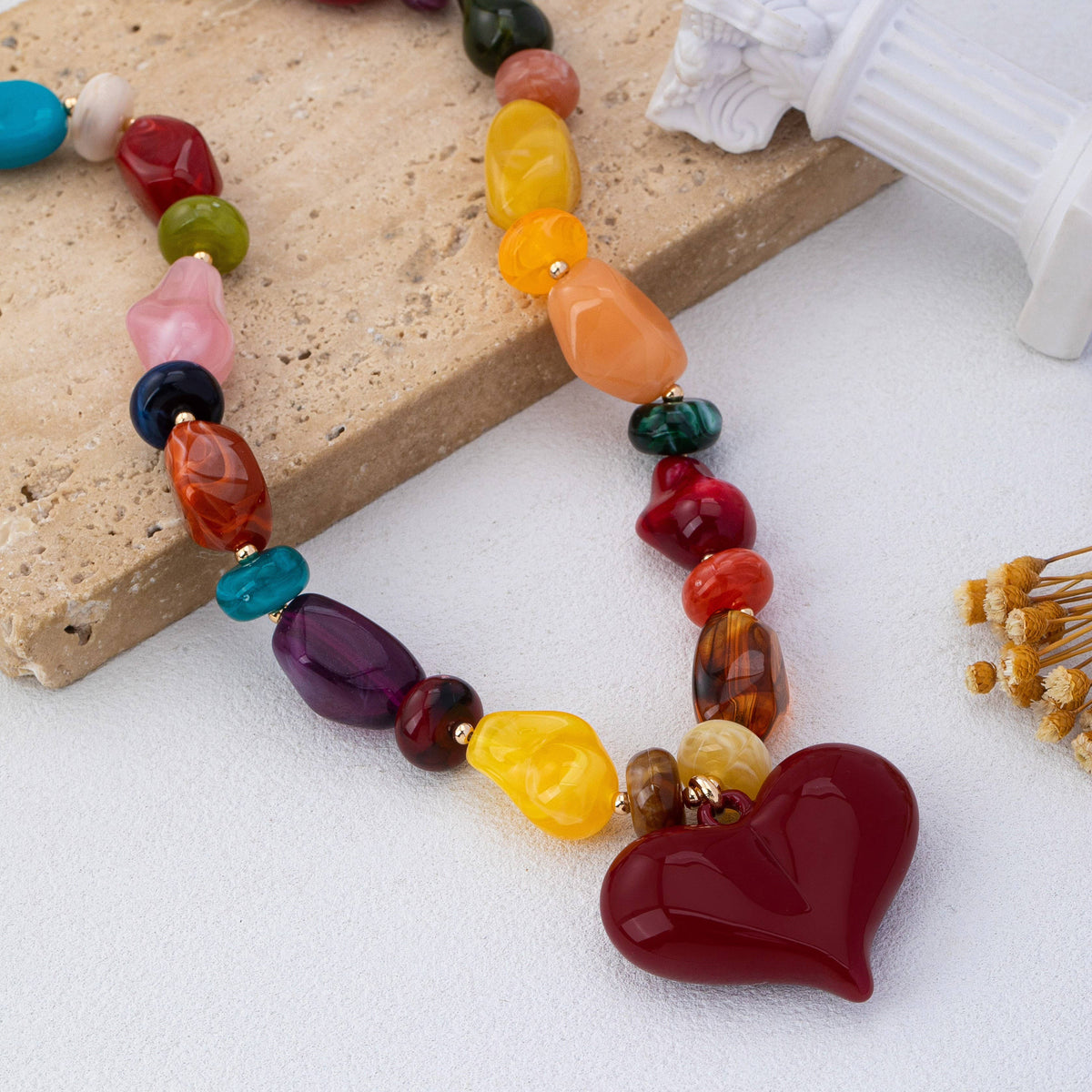 Chunky Multicolor Bead Heart Pendant Necklace | 80N93690: MULTI
