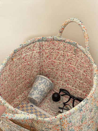 Pink Quilted Floral Laundry Basket Boho Storage basket