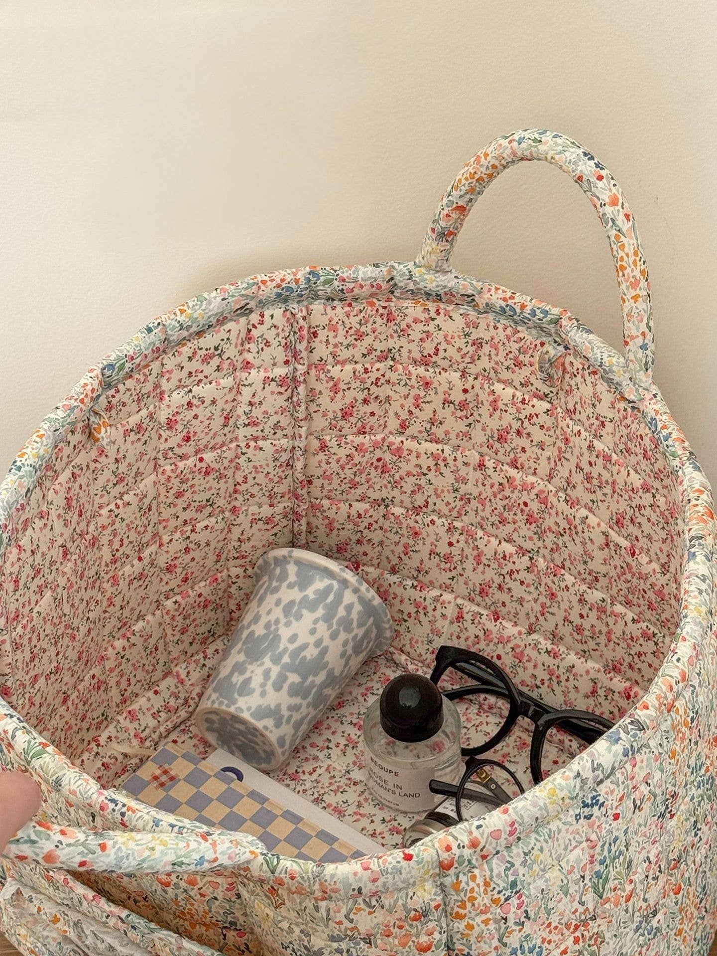 Blue Quilted Floral Laundry Basket Boho Storage Basket