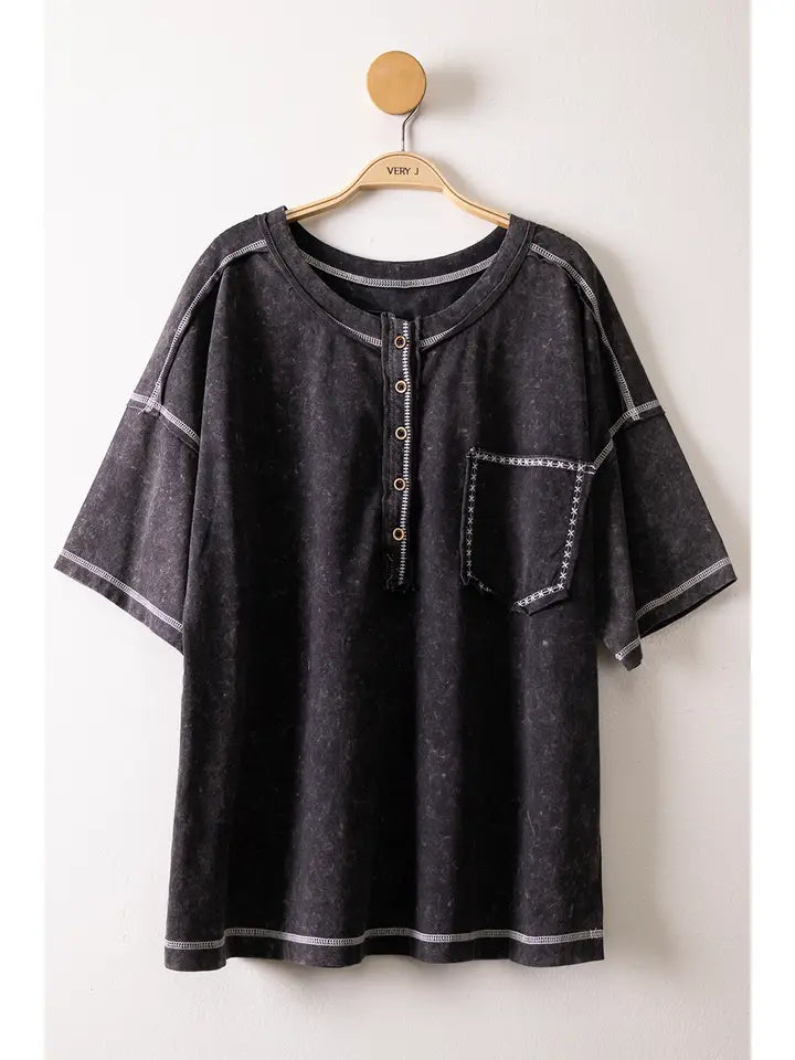 Mineral Washed Oversized Comfy Knit Top: BLACK