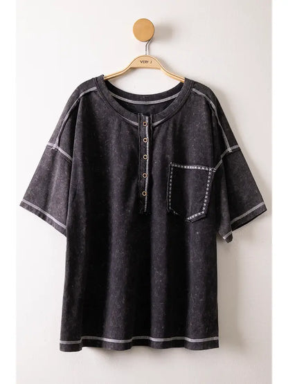 Mineral Washed Oversized Comfy Knit Top: BLACK