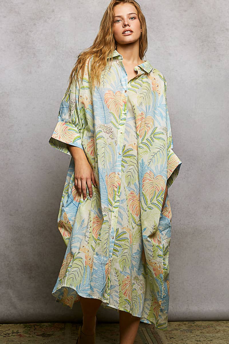 GREEN SKY MULTI V-Neck Half Sleeve Floral Bold Printed Shirt Dress